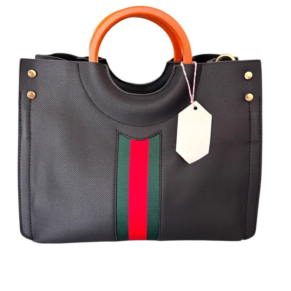 Elegant Black Tote Bag with Wooden Handles